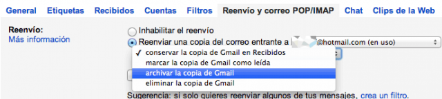 Tipo de reenvío Gmail/Hotmail